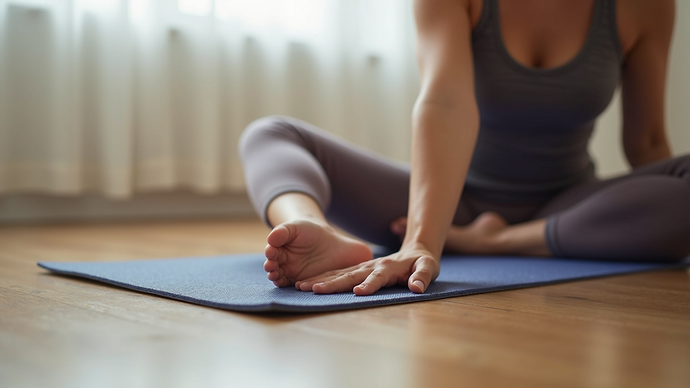 Close-up view of a mother practicing gentle postpartum exercises on a yoga mat