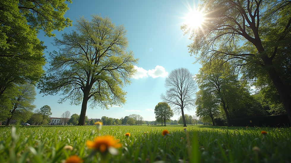 Eye-level view of a peaceful outdoor setting surrounded by trees and a clear blue sky