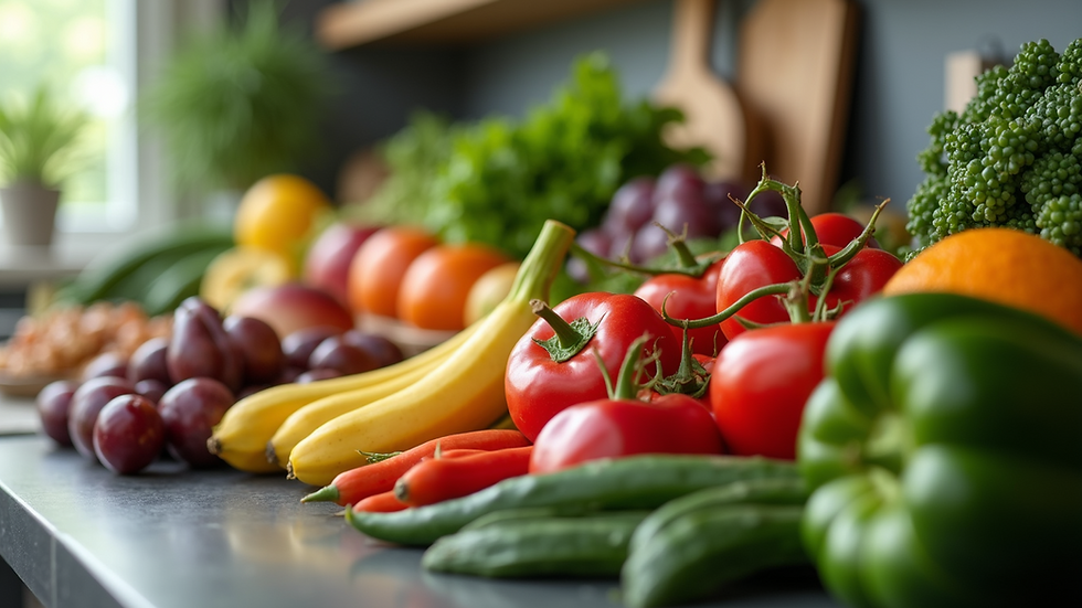 Close-up view of a variety of fresh fruits and vegetables on a kitchen counter