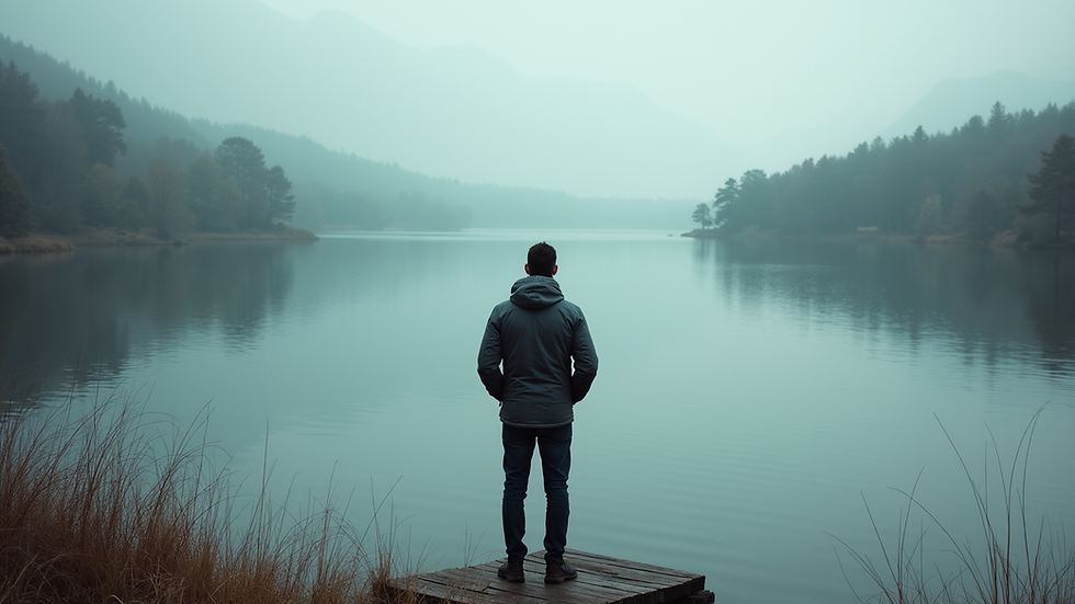 Eye-level view of a man standing by a serene lake