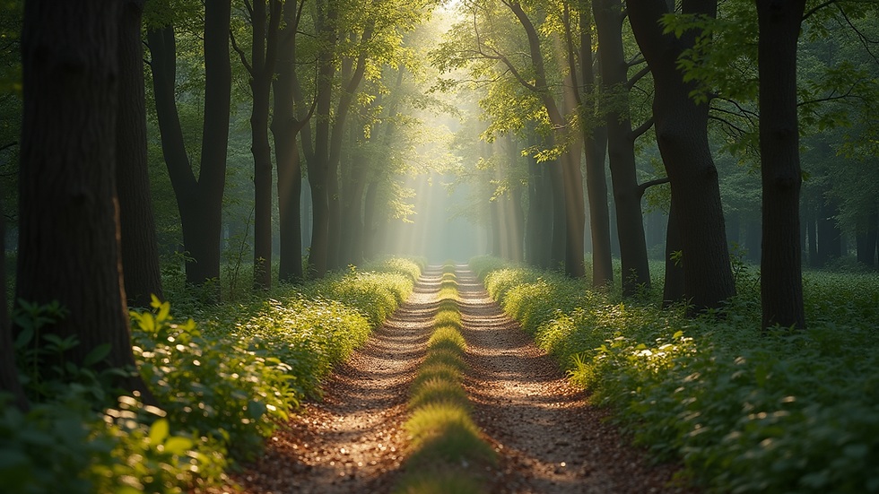 High angle view of a peaceful forest path leading forward