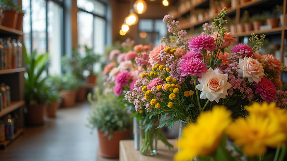 Eye-level view of a neatly arranged floral shop displaying various floral creations