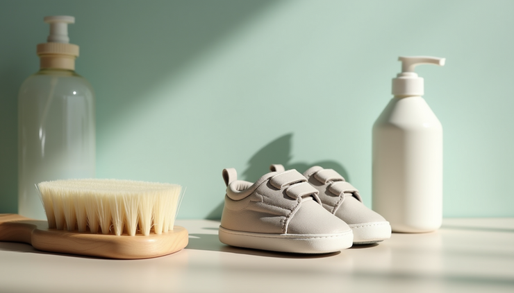 Close-up view of baby sneakers with cleaning supplies nearby