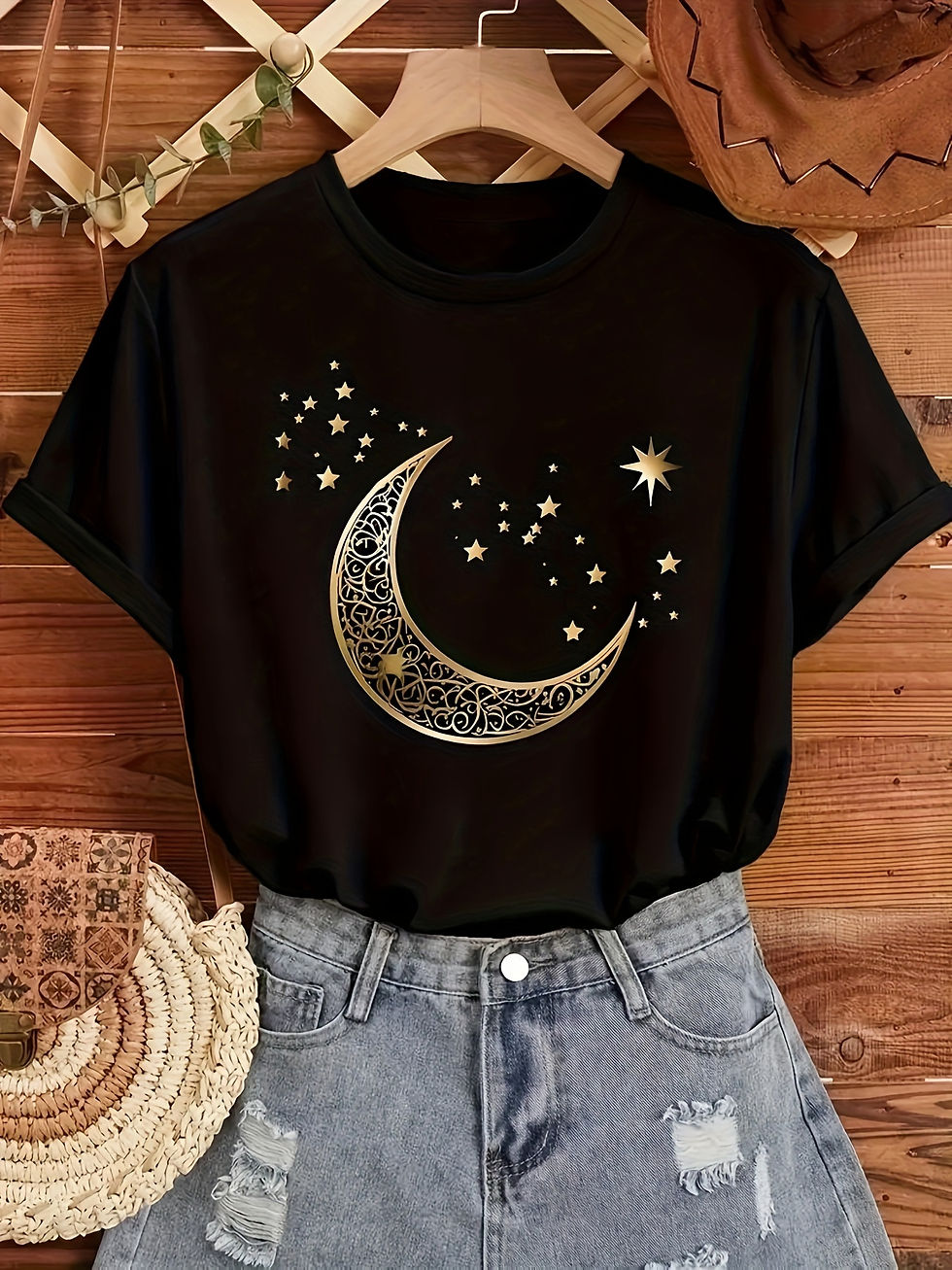 Miniatura: Women'S Elegant Moon  Stars Print T-Shirt  Casual Short Sleeve Crew Neck Top for