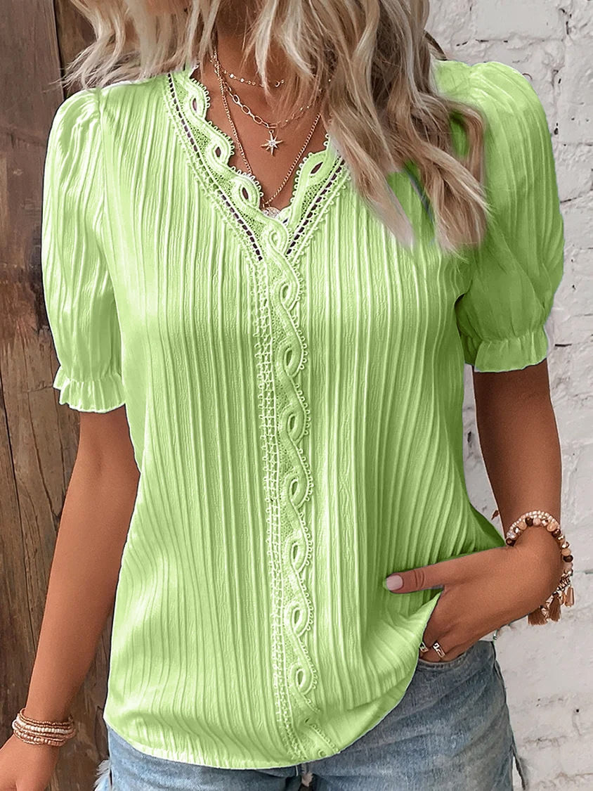 Miniatura: Women's Summer New Top Solid Sexy V-Neck Hollow Short Sleeve Shirt Fashion Splic