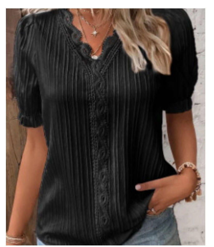 Miniatura: Women's Summer New Top Solid Sexy V-Neck Hollow Short Sleeve Shirt Fashion Splic