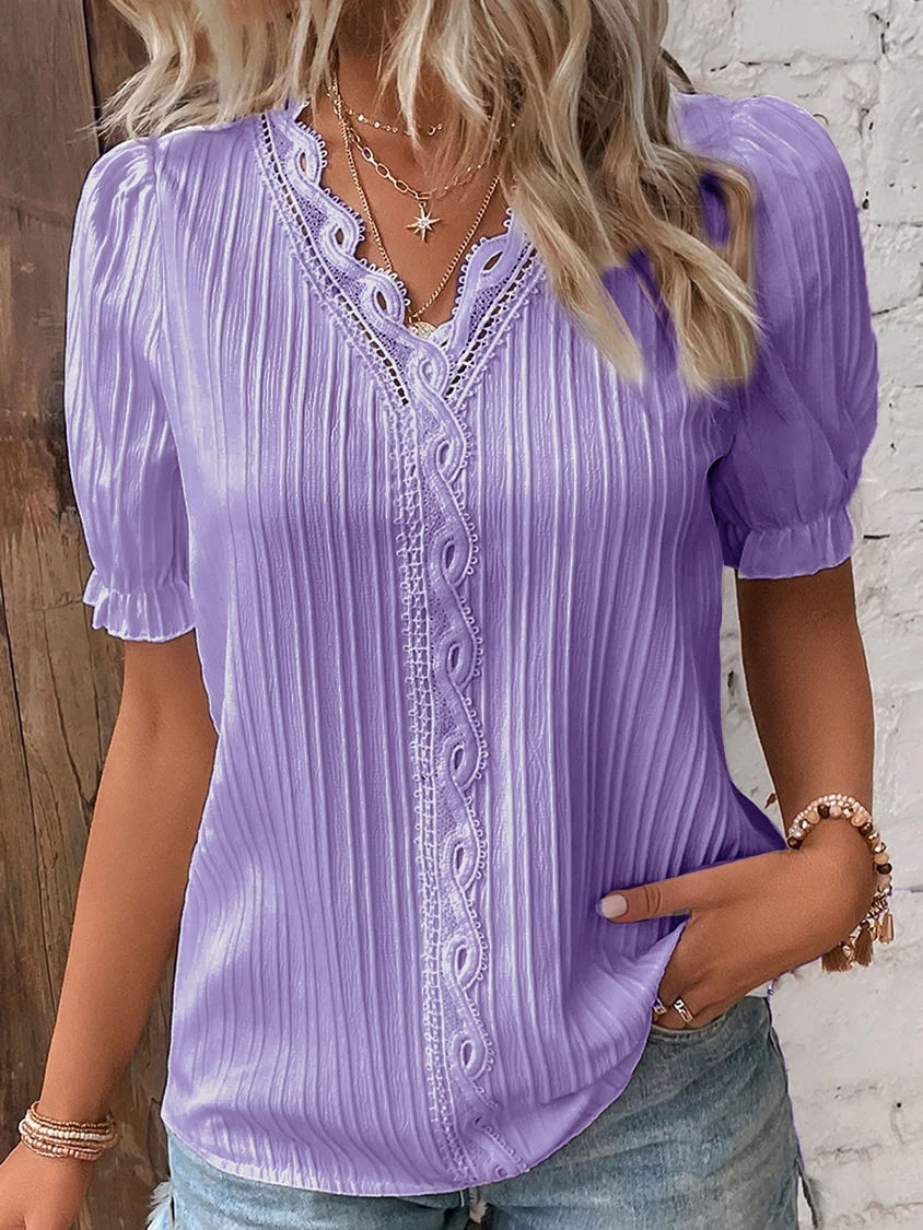 Miniatura: Women's Summer New Top Solid Sexy V-Neck Hollow Short Sleeve Shirt Fashion Splic