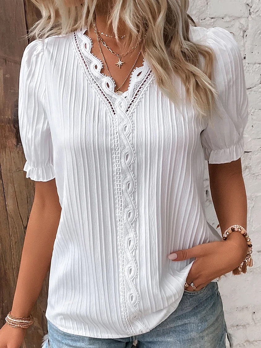 Miniatura: Women's Summer New Top Solid Sexy V-Neck Hollow Short Sleeve Shirt Fashion Splic