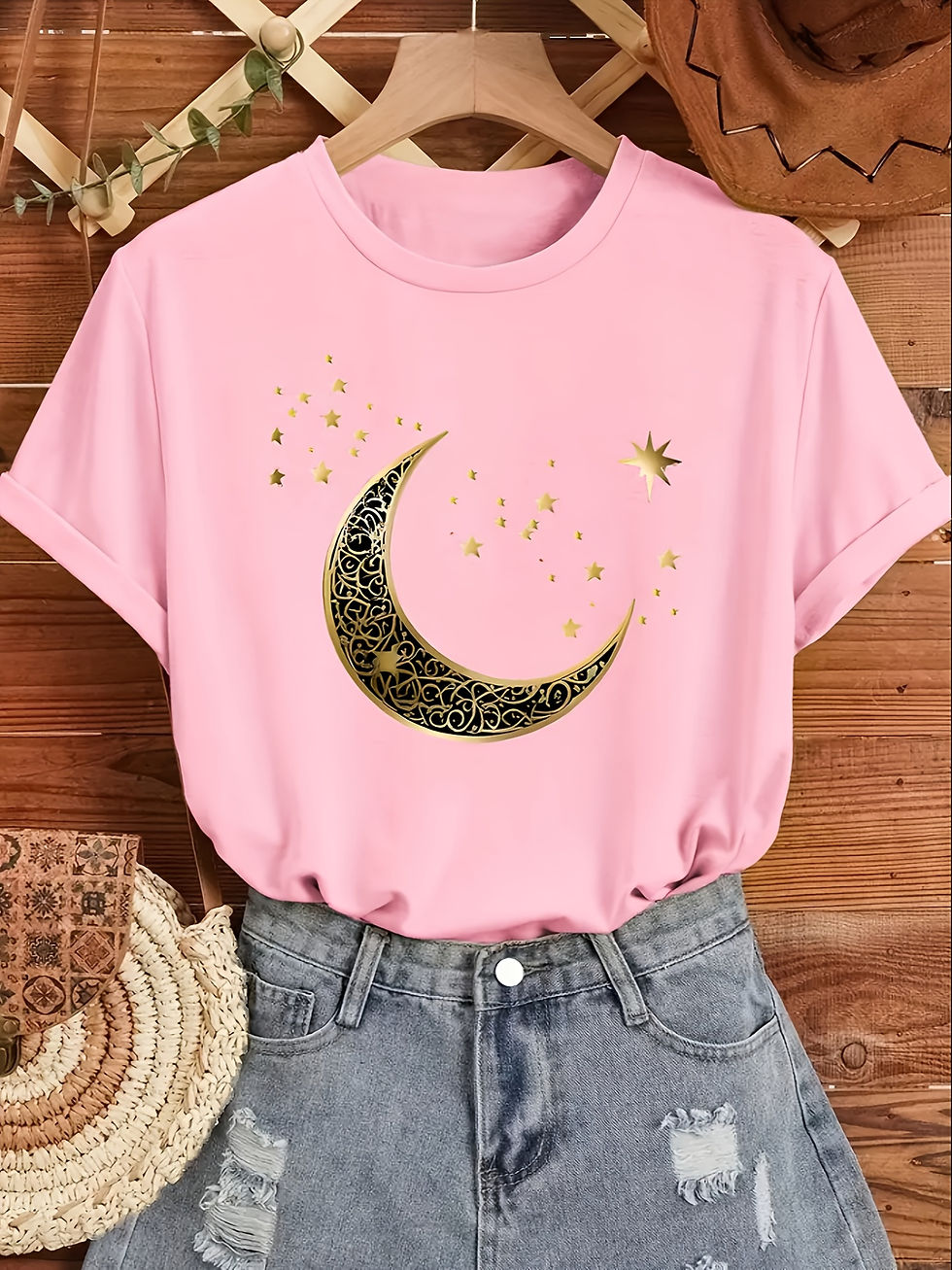 Miniatura: Women'S Elegant Moon  Stars Print T-Shirt  Casual Short Sleeve Crew Neck Top for