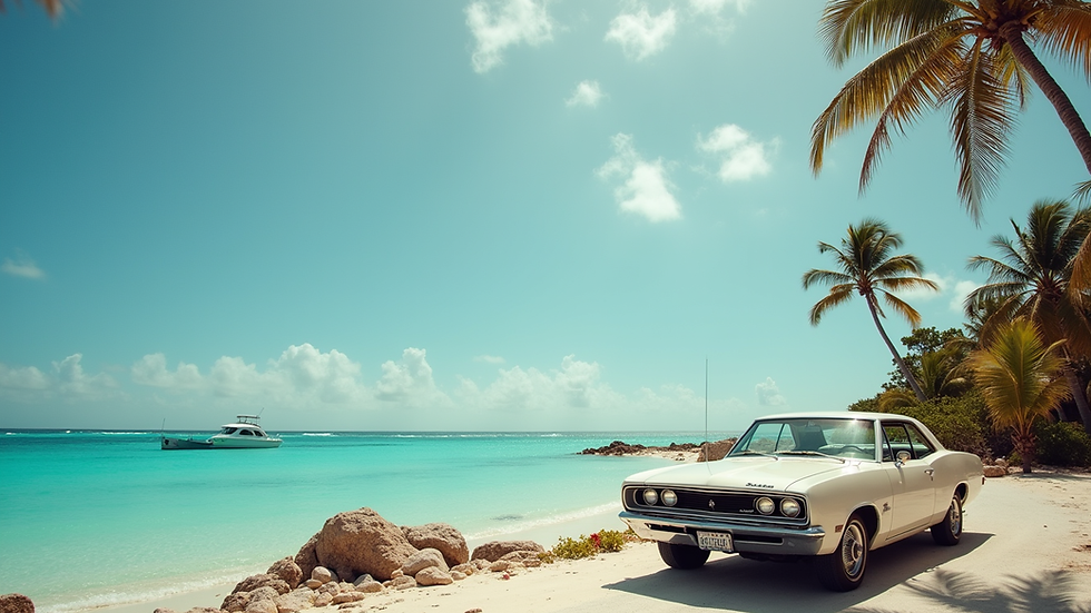 Eye-level view of a rental car parked near a beach in Turks and Caicos