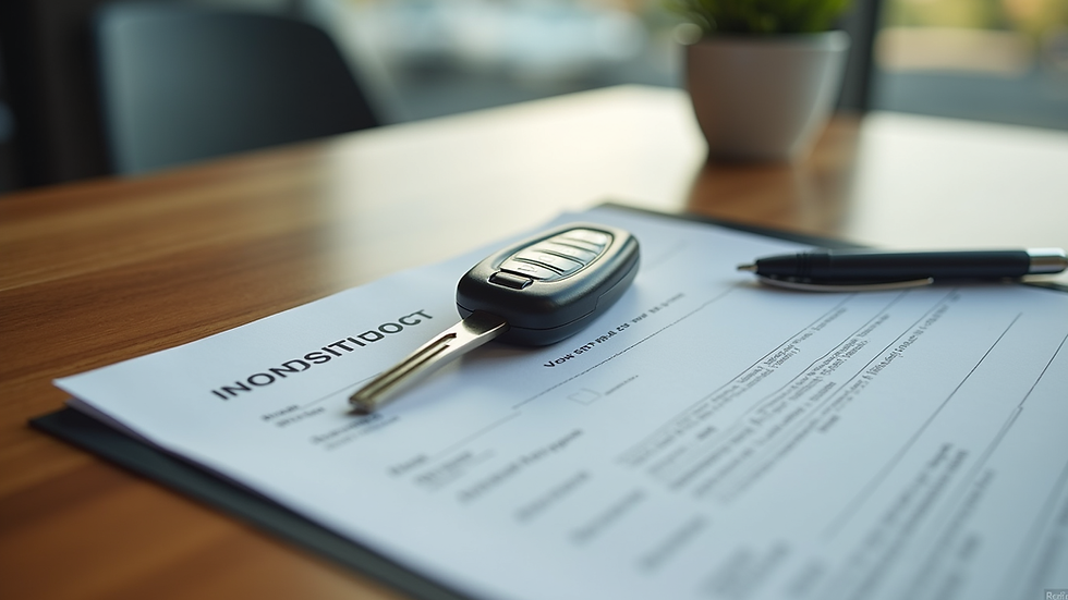 Close-up view of a rental car key and contract on a wooden table