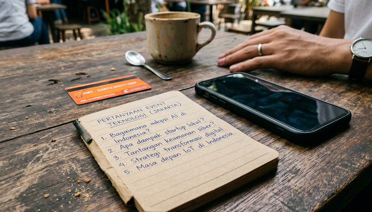 Close-up view of a small notebook with handwritten technology event questions beside a smartphone and transit card.