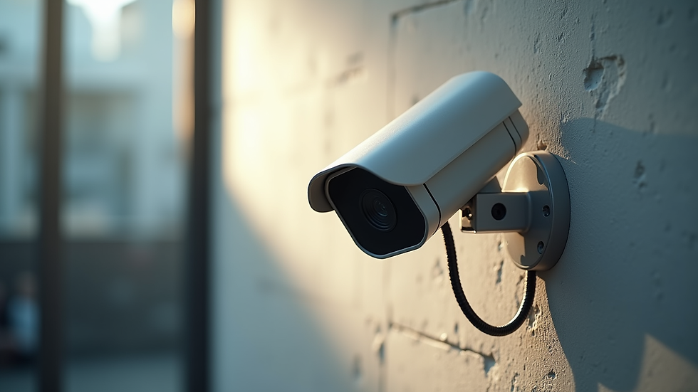 Close-up view of a wired security camera mounted on a wall