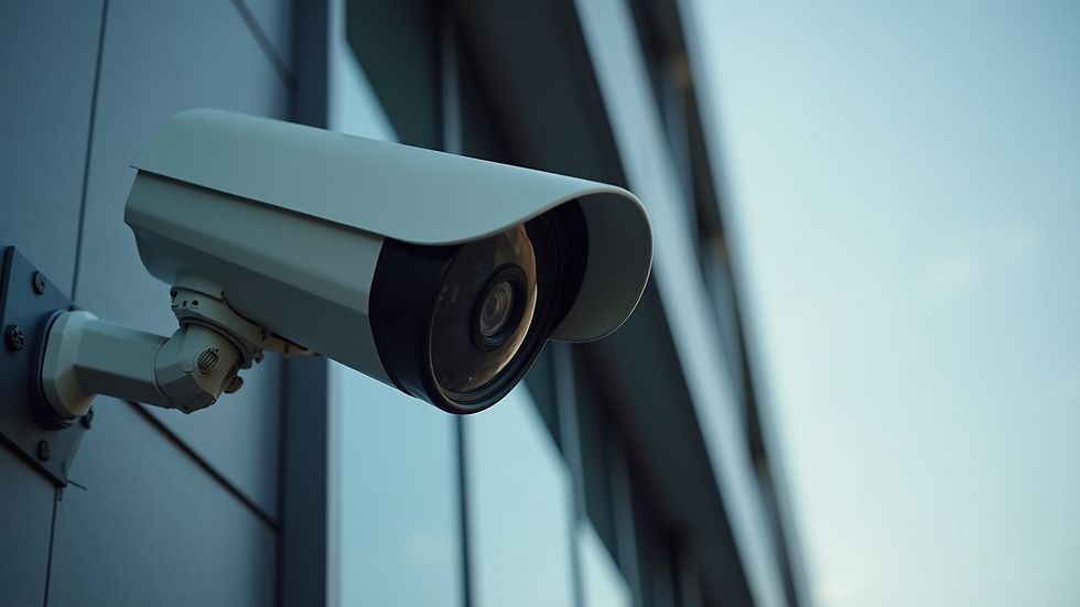 Close-up view of a high-definition security camera mounted on a commercial building