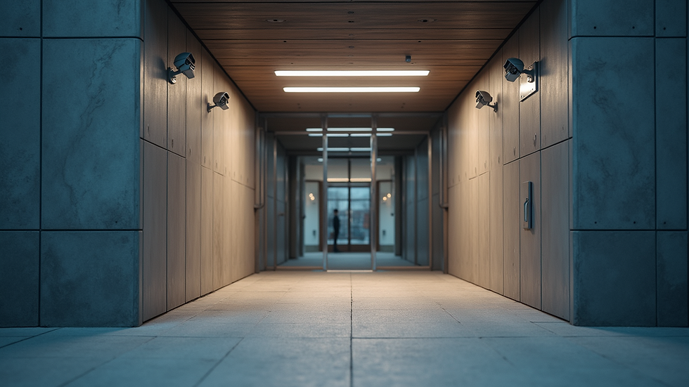 Eye-level view of a commercial building entrance with security cameras installed