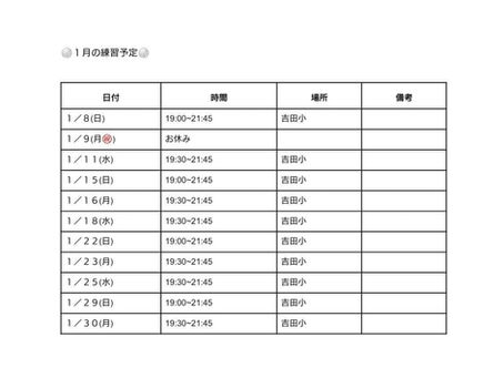1月の練習予定