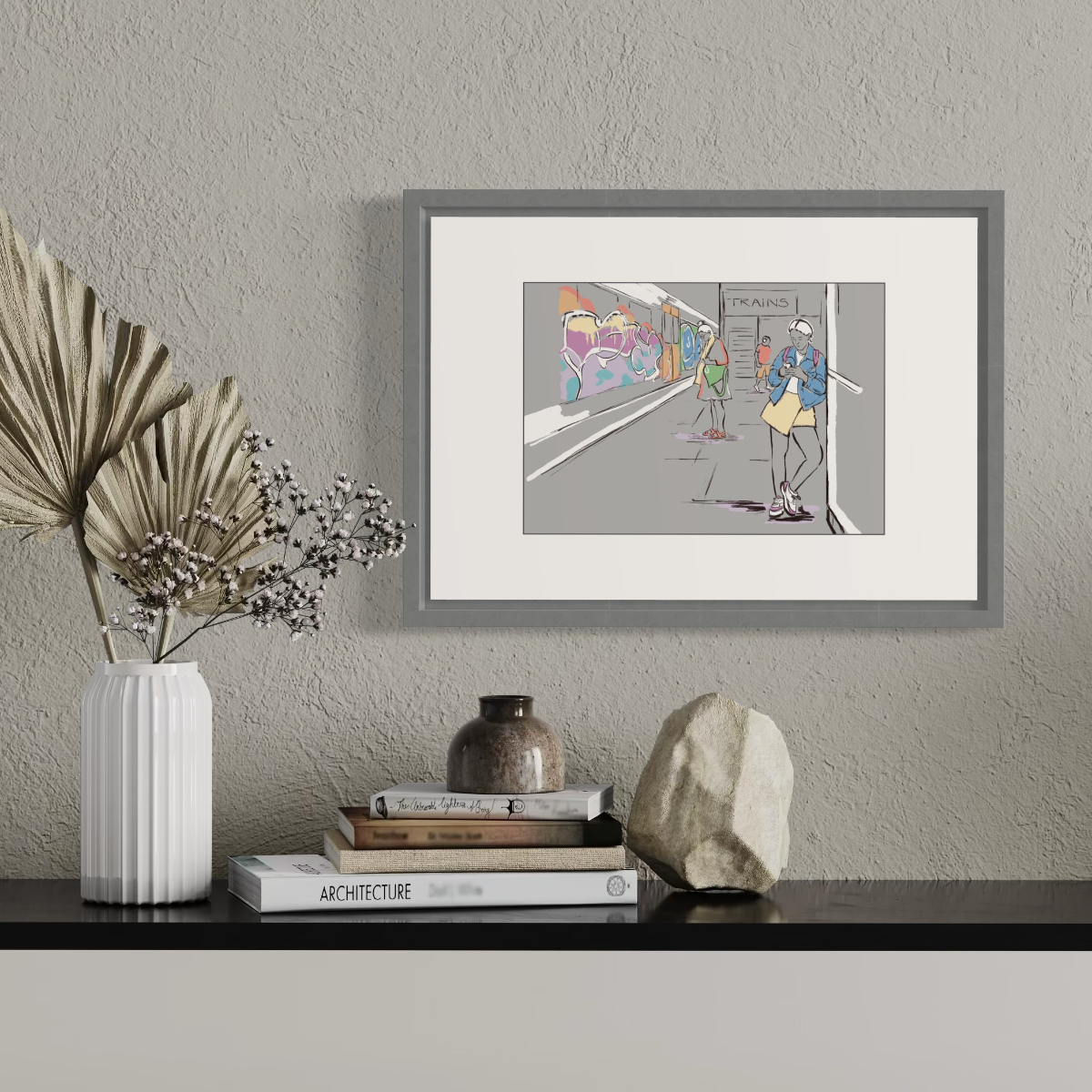 Colourful print of people waiting on a platform