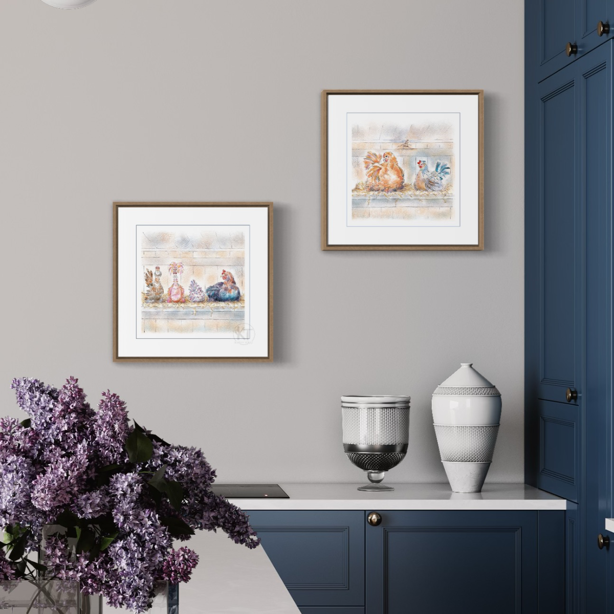 hen and chicken prints on a living room wall