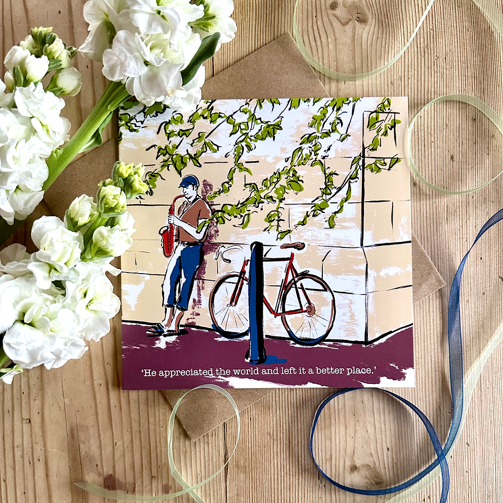 card of saxophone player under a tree