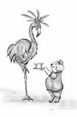 Black and white book illustration of a koala waitress giving a drink to a flamingo