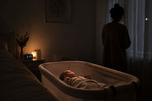 Mother awake at night beside a baby sleeping in a bassinet