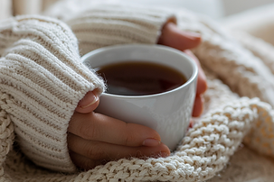 Mother holding a warm cup of tea, taking time to rest and care for herself during motherhood