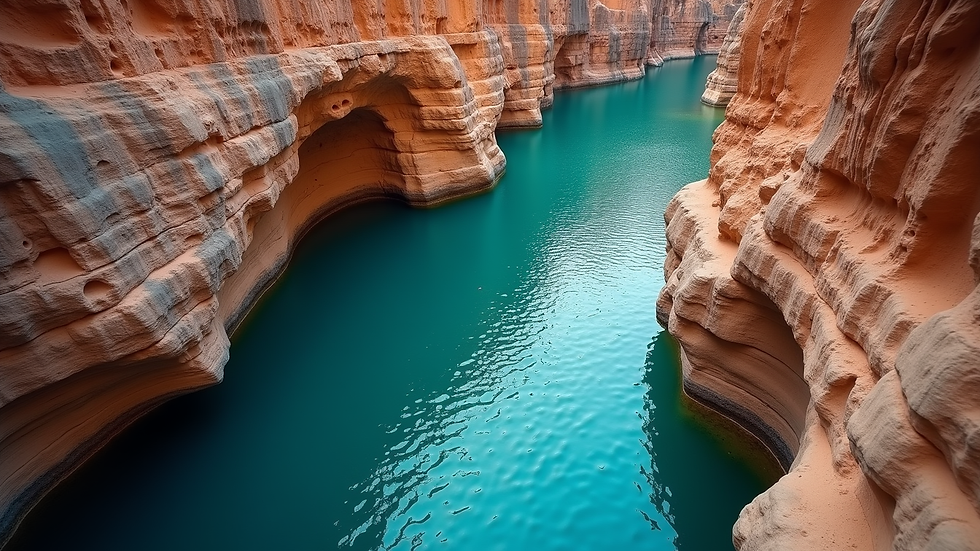 high angle view of a canyon with turquoise water and rocky walls