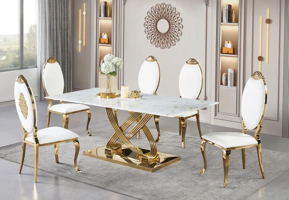 Elegant white marble dining table set with gold accents in modern room.