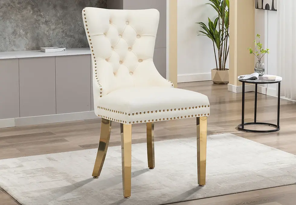 Thumbnail: Cream tufted dining chair with gold legs, elegant design.