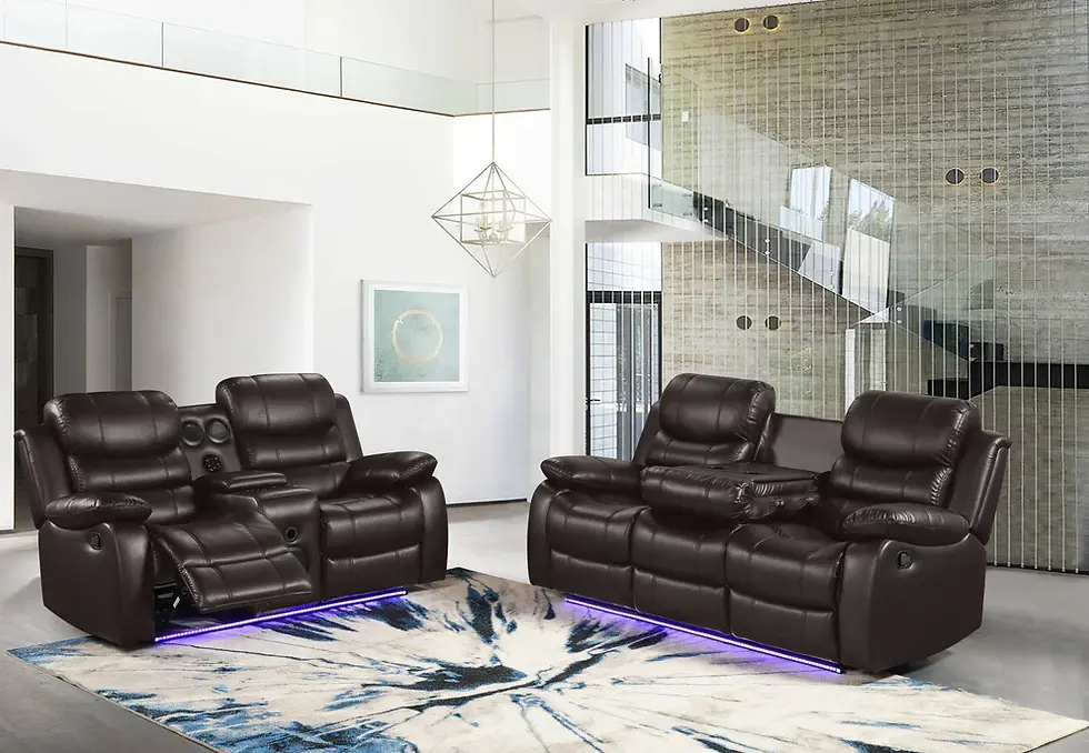 Dark brown reclining sofa and loveseat with purple underglow in modern living room.