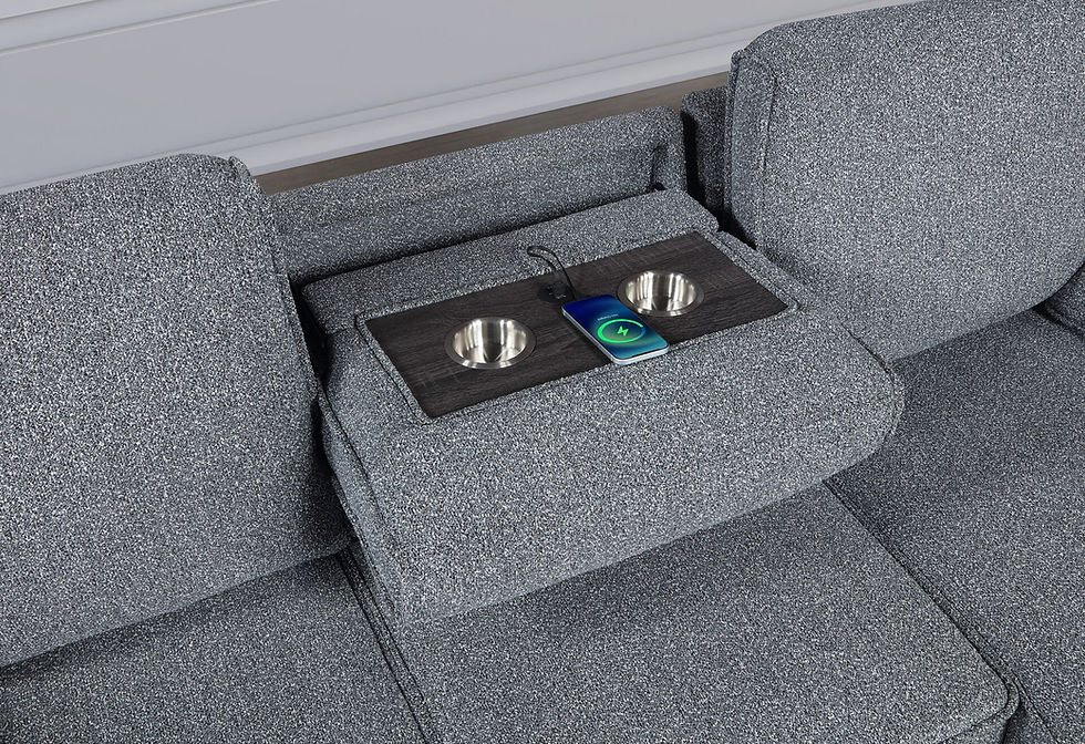 Thumbnail: Gray sofa armrest with hidden console, cup holders, and phone charging.