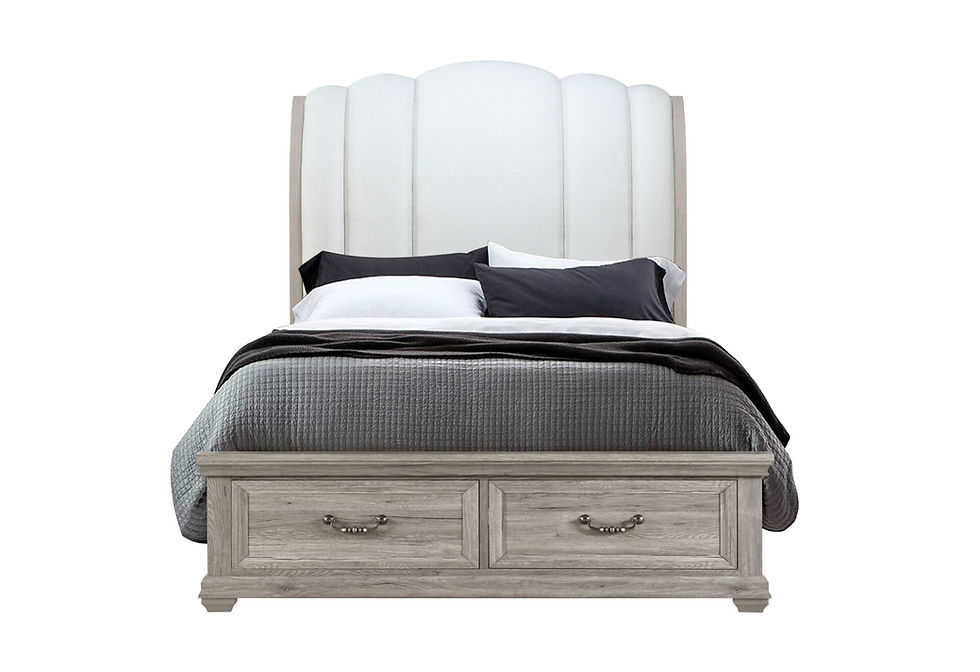 Thumbnail: White upholstered headboard bed with two weathered wood storage drawers.