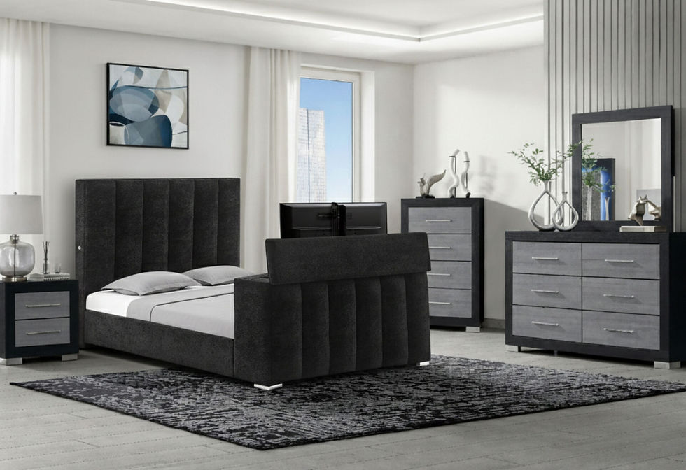 Thumbnail: Modern dark grey upholstered bed, pop-up TV, and matching dressers.