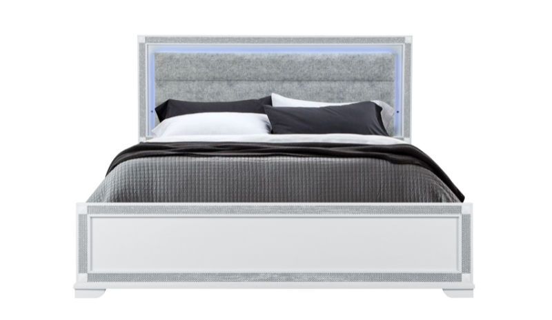 Thumbnail: Modern white Santorini Bed with grey upholstered LED headboard, dark bedding.