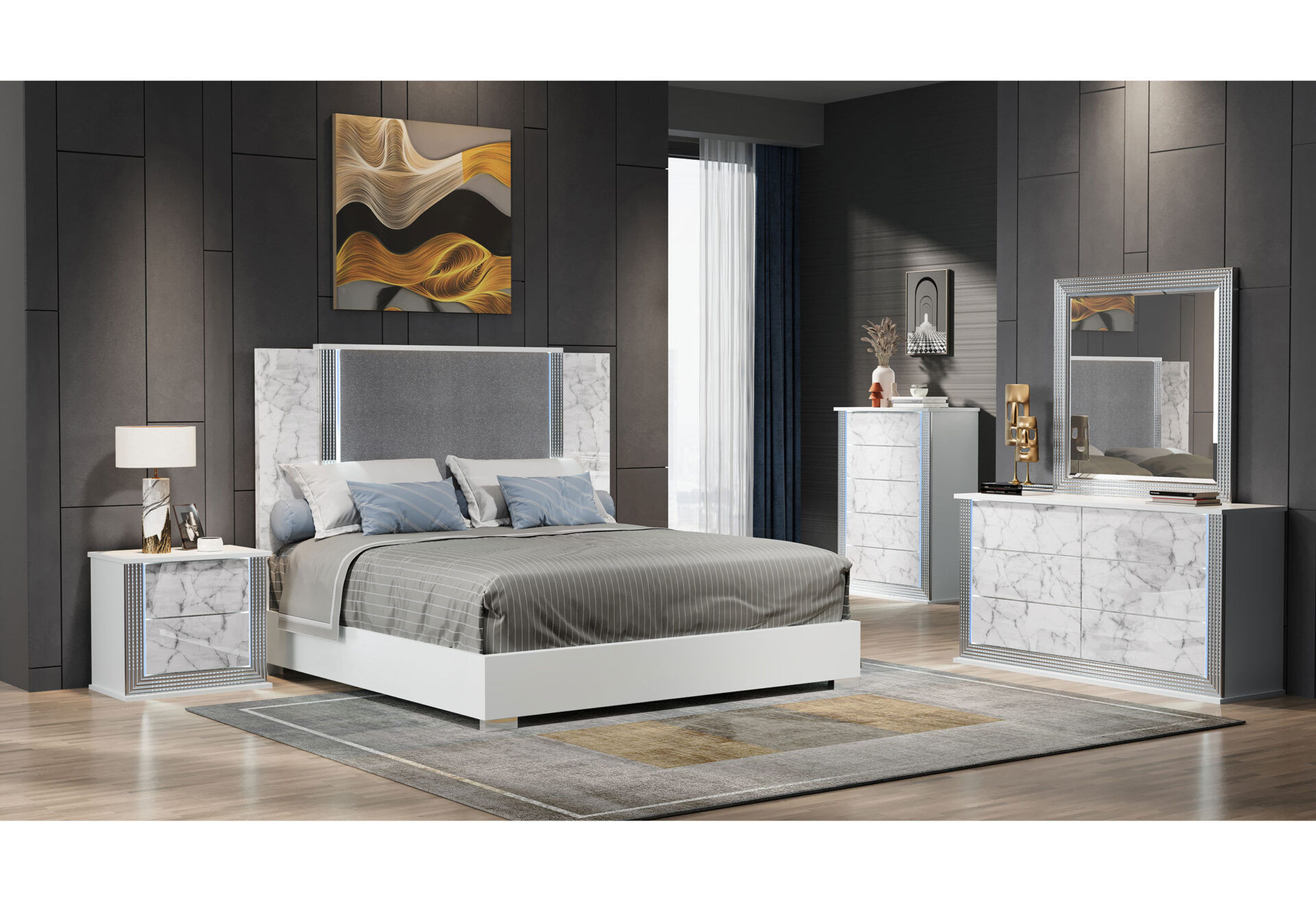 Modern white bedroom set, grey upholstered headboard, dresser, and nightstand.