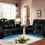 Thumbnail: Black reclining sofa and loveseat, blue LED lights, in modern living room.