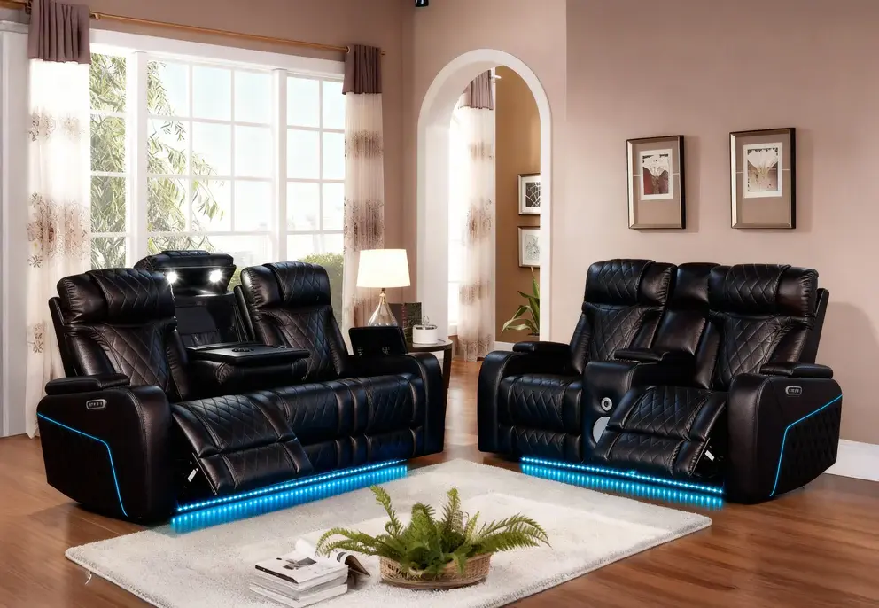 Black reclining sofa and loveseat, blue LED lights, in modern living room.