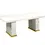 Thumbnail: Rectangular white marble dining table with two pedestal bases and gold accents.