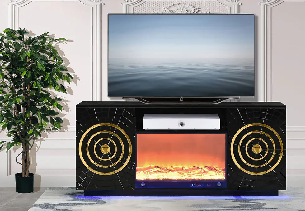 Black TV stand, gold accents, electric fireplace, flat-screen TV atop.