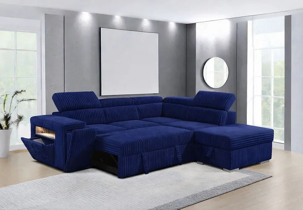 Thumbnail: Modern dark blue sectional sofa with recliners in a stylish living room.