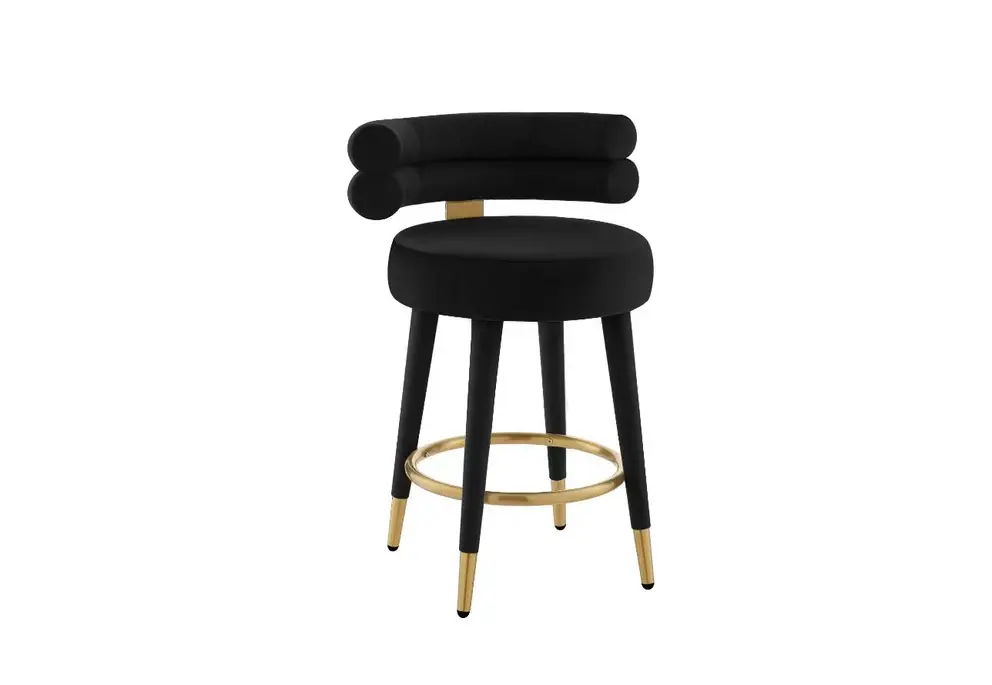 Black velvet bar stool with channel tufted back and gold accents.