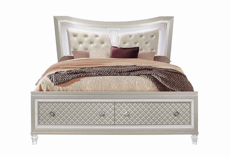 Elegant silver bed with tufted headboard and patterned storage drawers.