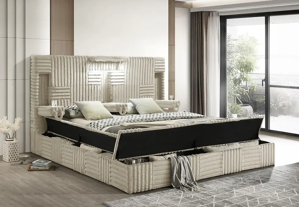 Thumbnail: Modern slatted bed frame with lift-up mattress storage in a bright room.