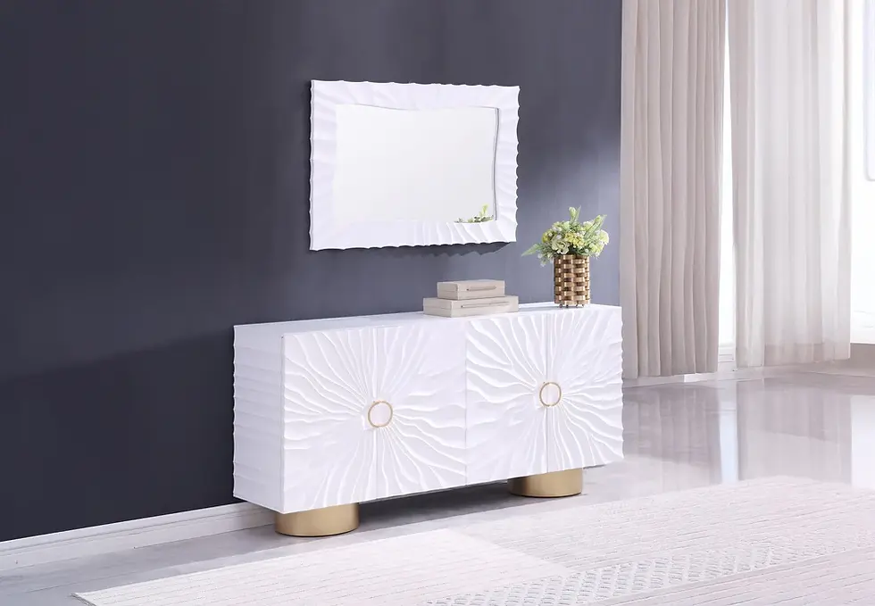 Thumbnail: White textured console table with gold accents and decorative mirror above.