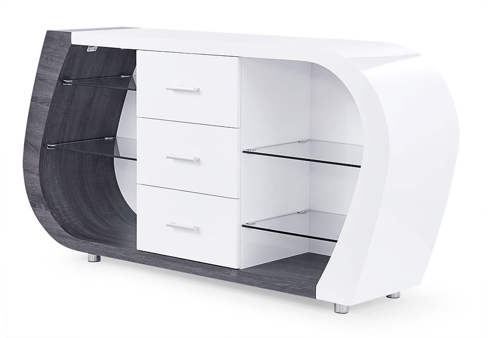 Thumbnail: Modern white high-gloss sideboard with dark grey accents and glass shelves.