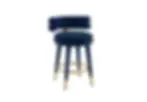 Elegant dark blue velvet bar stool with gold accents and curved back.