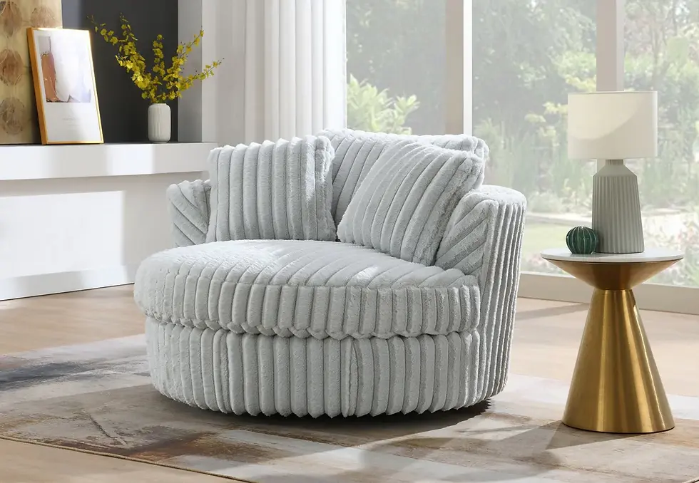 Thumbnail: Light grey ribbed round swivel accent chair in modern living space.