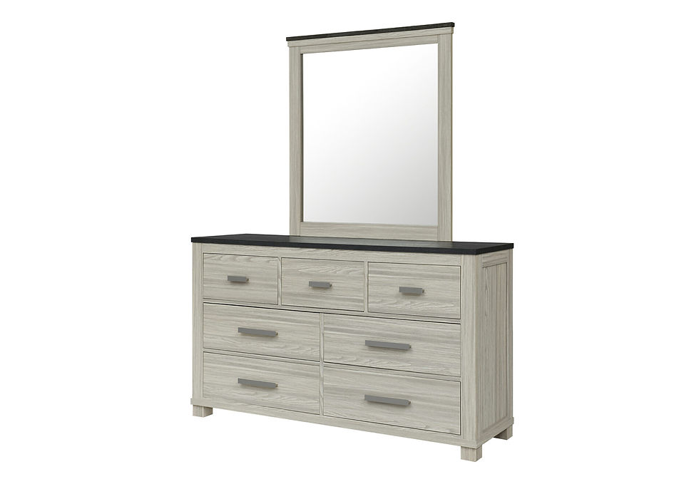 Thumbnail: Distressed light gray wooden dresser with seven drawers and mirror.