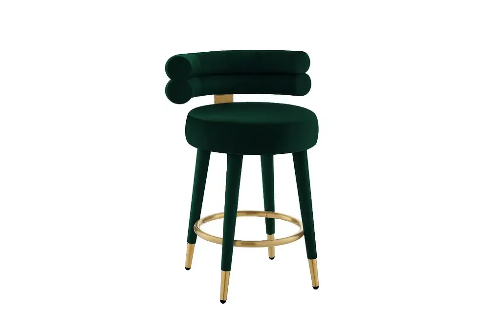 Thumbnail: Dark green velvet bar stool with curved backrest, gold accents.