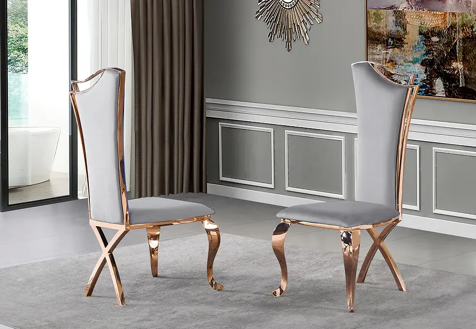 Thumbnail: Pair of elegant grey upholstered dining chairs with rose gold frames.